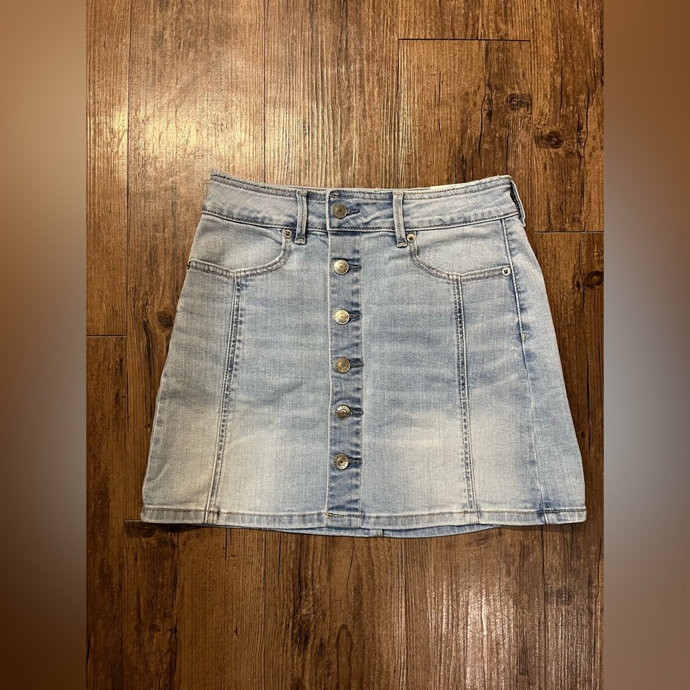 NWT AMERICAN EAGLE BUTTON FRONT DENIM SKIRT HI-RISE A-LINE SUPER STRETCH SIZE 0